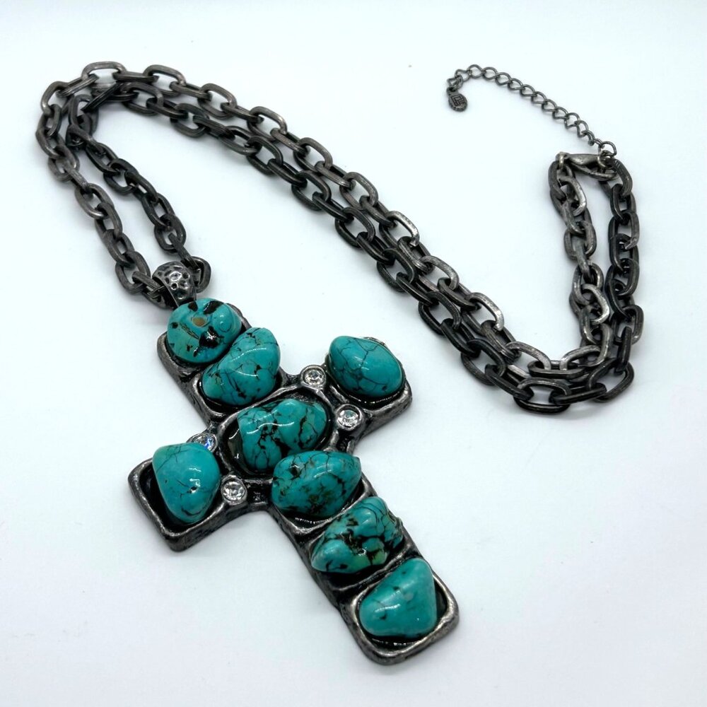 Turquoise Color Stone Cross Pendant Silver Tone Necklace Southwestern Boho - Picture 3 of 16
